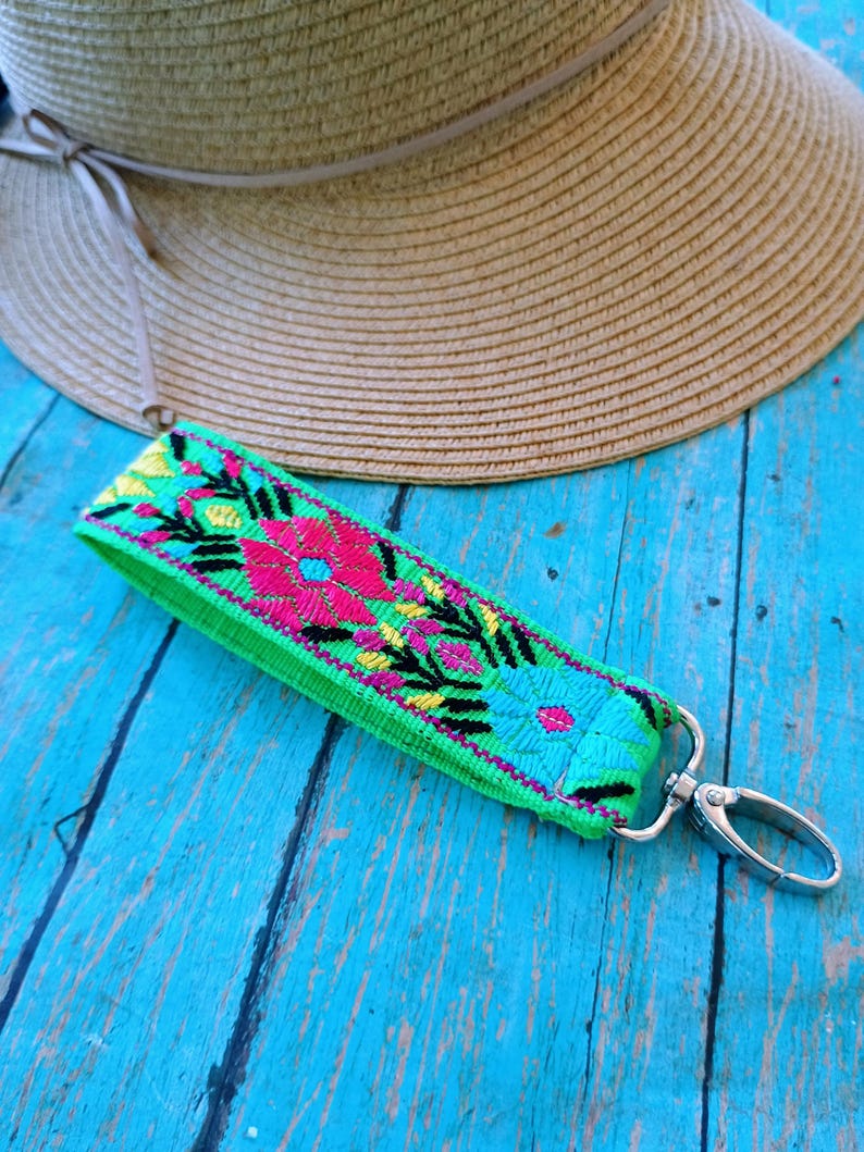 Floral Wrist Lanyard, Keychain Wristlet, Woven Key Fob, Boho, Floral