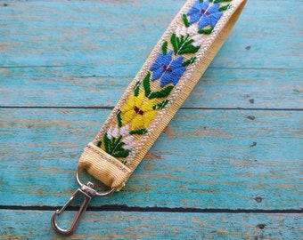 Yellow Floral Key Fob, Floral Wristlet, Cute Wristlet Keychain, Skinny Wristlet Fob, Key Holder Strap, Fabric Keychain, Clasp or Key Ring