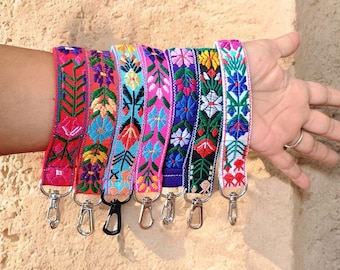 Boho Floral Wristlet, Flower Keychain, Fabric Key Fob, Mexico Bag Accessory, Gift For Her