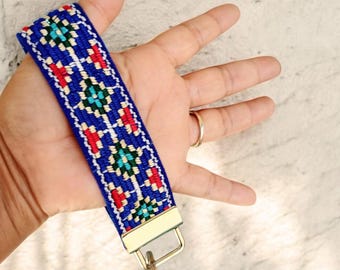 Tribal Key Strap, Southwest Keychain, Native Keychain Wristlet, Ethnic Key Fob, Woven Key Lanyard, Mexico Fabric Key chain