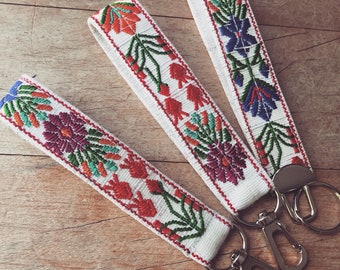 Embroidered Floral Wristlet, Keychain Wristlet, Fabric Key Strap, Embroidered Flowers Key Fob, Gift For Women, Boho Key Chain