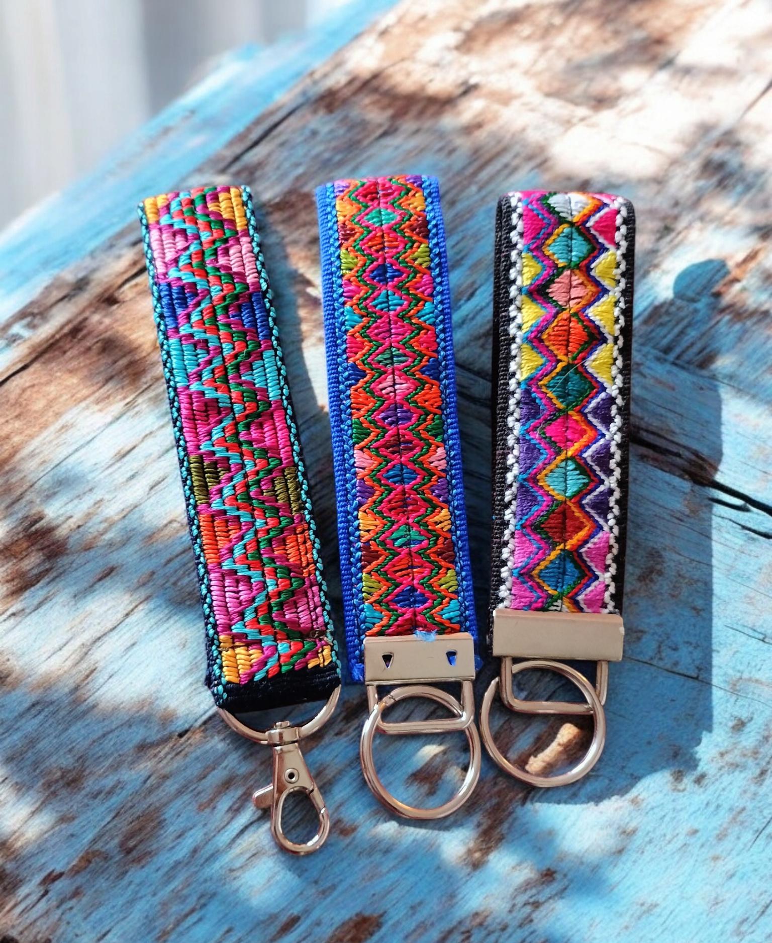 Woven Fabric Keychain, Mexican Key Fob, Tribal Pattern Wristlet