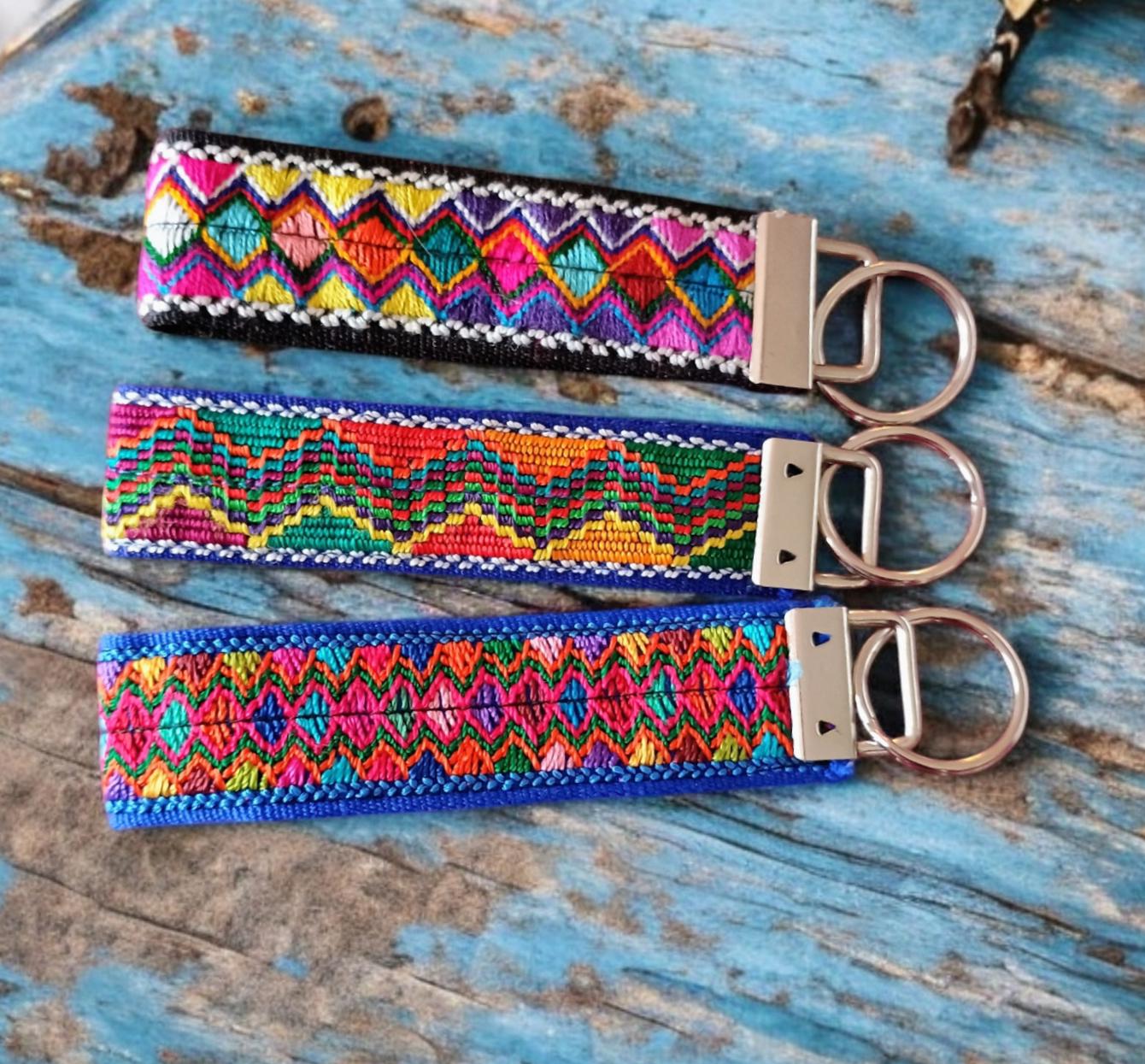 Woven Fabric Keychain, Mexican Key Fob, Tribal Pattern Wristlet