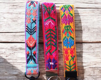 Hand Embroidered Keychain, Floral Wristlet Key Fob, Botanical Key Holder, Handmade Accessory, Fabric Keychain Wristlet