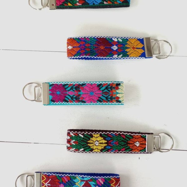folkloric traditional handmade, embroidered Keychain, Artisanal Keychain for luggage and keys, Traditional woven Floral Wristlet, Guatemala