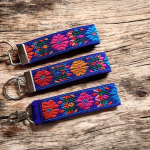 Purple Floral Key Fob: Embroidered Fabric Wristlet Keychain