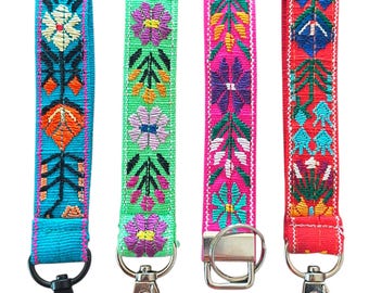 Embroidered Flower Key Fob: Boho Fabric Wristlet Keychain, Floral Wristlet Key Chain, Bag Tag Charm