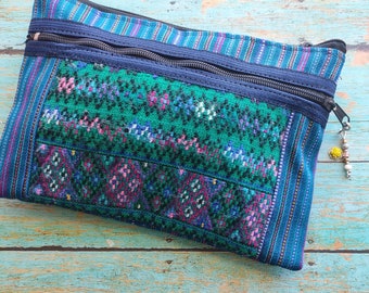Blue Fabric wallet Handwoven Zipper Pouch Mexican Accessory Bag Woven Tribal Pouch Guatemalan Accessory Clutch