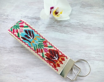 Fabric Wristlet Keychain, Key Chain For Woman, Wristlet Strap For Key, Wrist Lanyard, Floral Key Holder, Boho Woven Keychain, Handmade