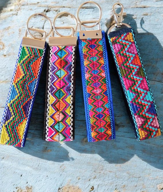 Woven Fabric Keychain, Mexican Key Fob, Tribal Pattern Wristlet
