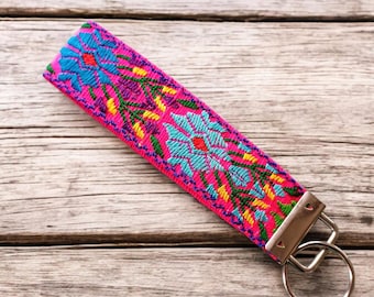 Keychain Wristlet, Floral Embroidered Key Fob, Pink Fabric Keychain, Gift For Mom