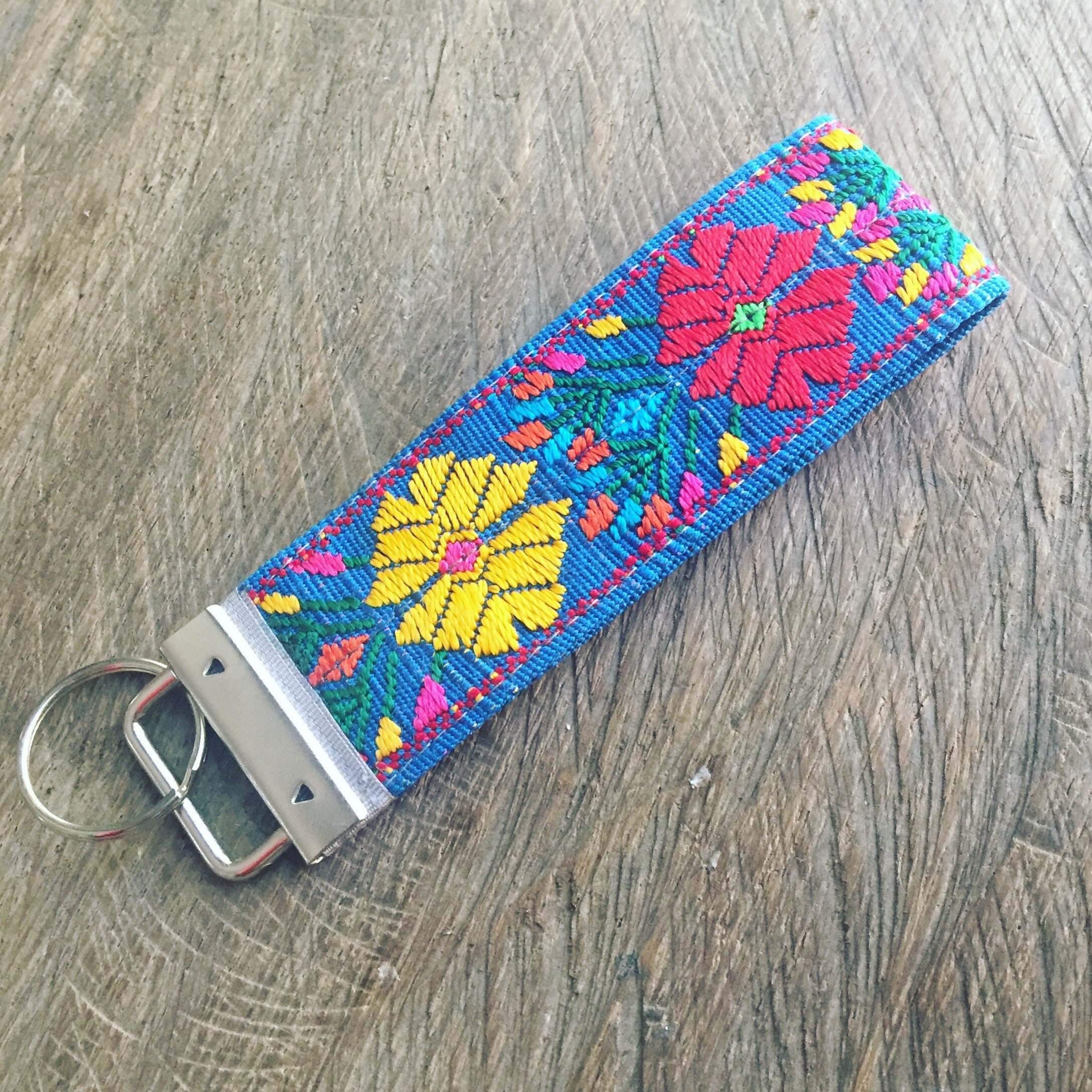 Fabric Key FobID Holder Flower Keychain Blue Fabric Etsy