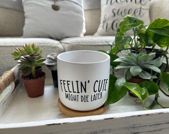 Feelin' Cute Might Die Later | funny planter | plant pot | funny planters | funny plant saying | 4" white ceramic pot