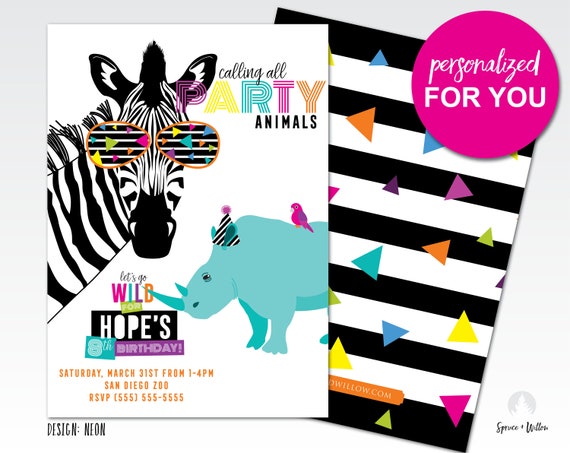 party animal birthday invitation, party animal invitation, zoo birthday invitation, neon birthday party, safari birthday invitation Il_570xn