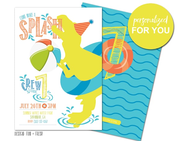 dinosaur pool party invitation, pool party invitation, pool party invite, pool party birthday invitation, pool party digital invite Il_570xn