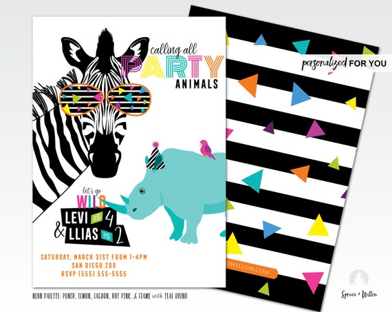 double party animals birthday invitation, double birthday party invitations, double birthday party invite printable, double birthday invite Il_570xn