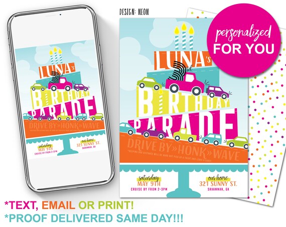 drive by birthday parade invite, birthday parade invite, digital quarentine birthday, social distancing birthday party invite Il_570xn