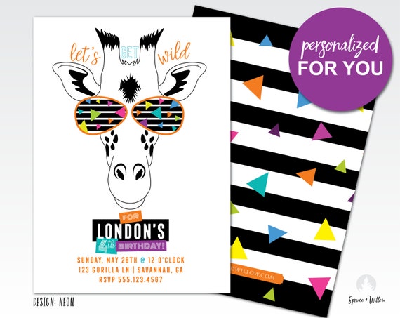party animal birthday invitation, party animal invitation, neon birthday party, zoo birthday invitation, safari birthday invitation, giraffe Il_570xn