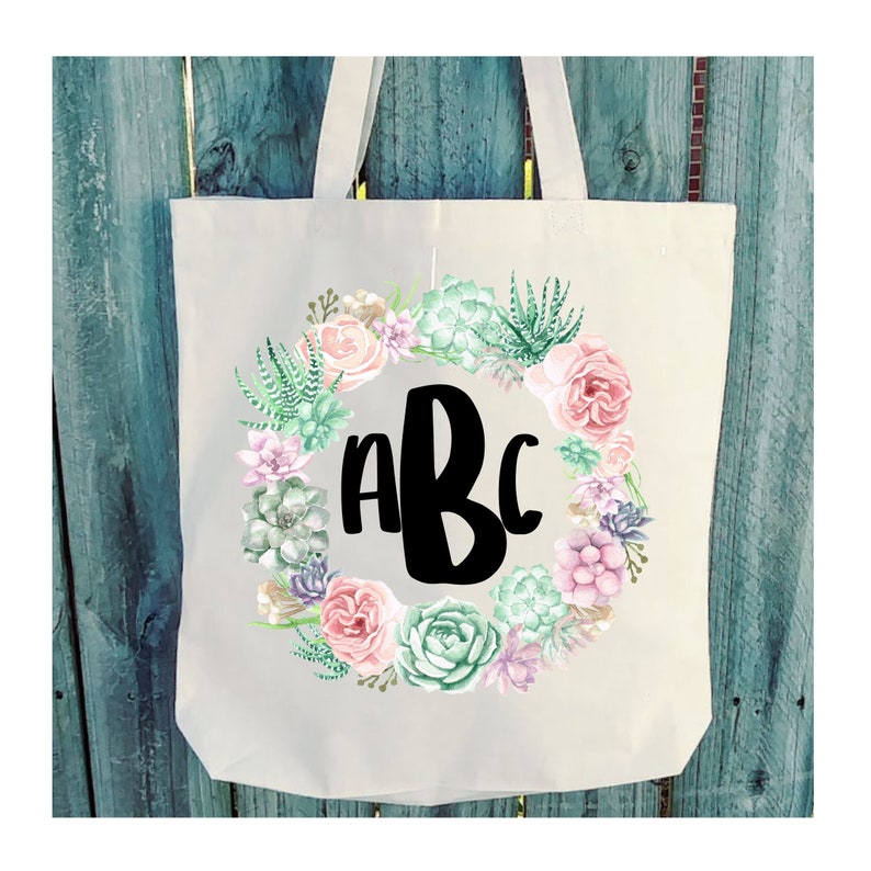 6oz Light Weight Natural Canvas Succulent Bouquet Floral Wreath Monogram Canvas Tote Custom Personalized wb257