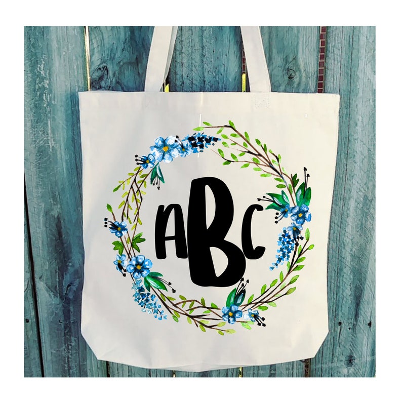 Flower Bouquet Floral Wreath Monogram Custom Personalized wb248 Canvas Tote 6oz Light Weight Natural Canvas