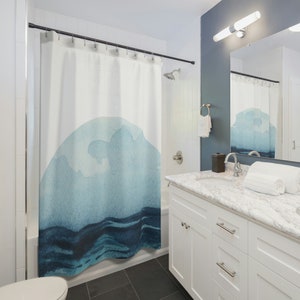 Boho Moon Ocean Shower Curtains, Stylish Neutral Bathroom Curtain, Natural Vibe, Modern Blue Water Theme Bath Decor