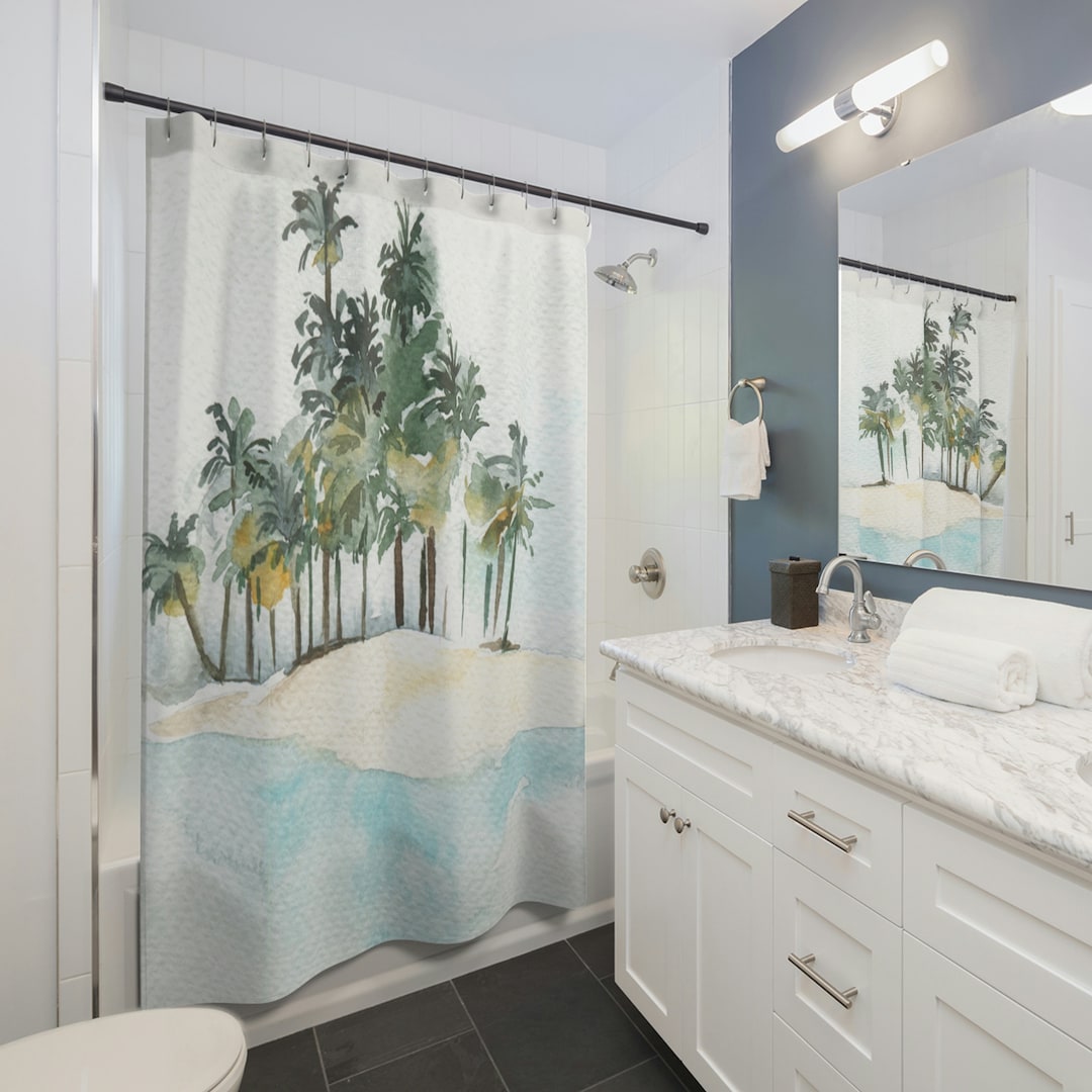 Beach Theme Shower Curtains, Neutral Sea Bathroom Curtain for Airbnb or