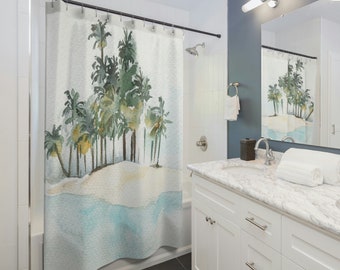 Beach Theme Shower Curtains, Neutral Sea Bathroom Curtain for AirBnb or Guest Bath, Natural Vibe, Modern Ocean Bath Decor