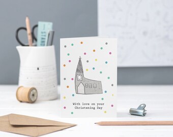 Christening Greetings Card with colourful polka dot illustration