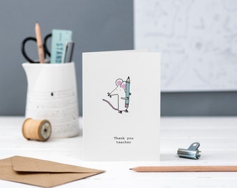 Thank You Teacher greetings card with adorable mouse and pencil illustraion