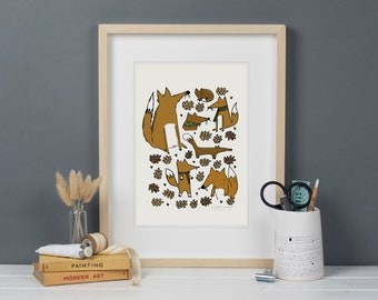 Nature Themed Art Print of Fox and fallen leaves