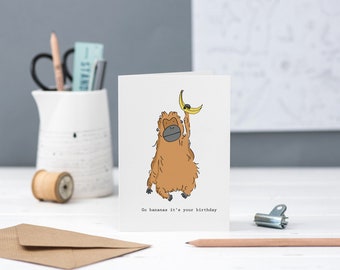 Go bananas birthday card with illustrated monkey design