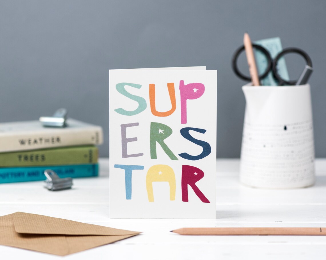 Superstar Card Greetings Design With Bright Colourful Letters Etsy
