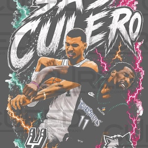 Puede incluir: Diseño gráfico con dos jugadores de baloncesto en acción, con el texto "SAS CUERO" en un estilo desgastado. La imagen incorpora logotipos de equipos, efectos de rayos y un fondo gris.