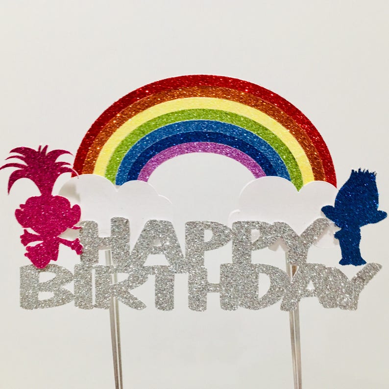 trolls personalize rainbow glitter cake topper trolls happy etsy