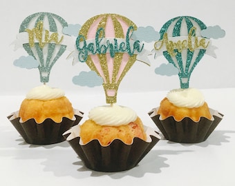 Personalized hot air balloon cupcake topper, hot air balloon cupcake topper, baby girl topper, Gender cupcake  topper, Baby shower cupcake t