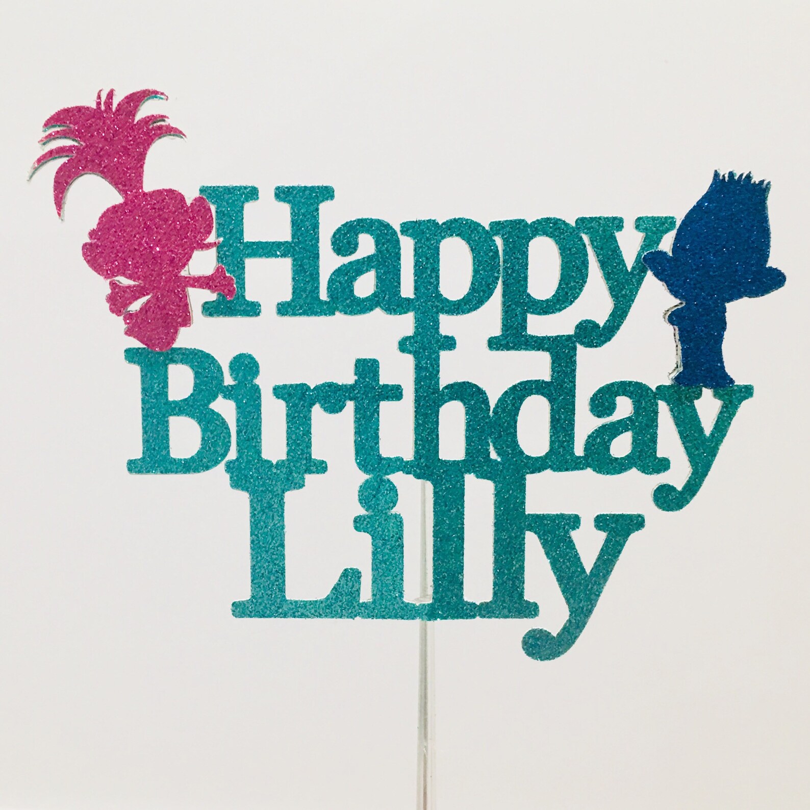 Trolls Personalize name Glitter cake topper Trolls happy Etsy
