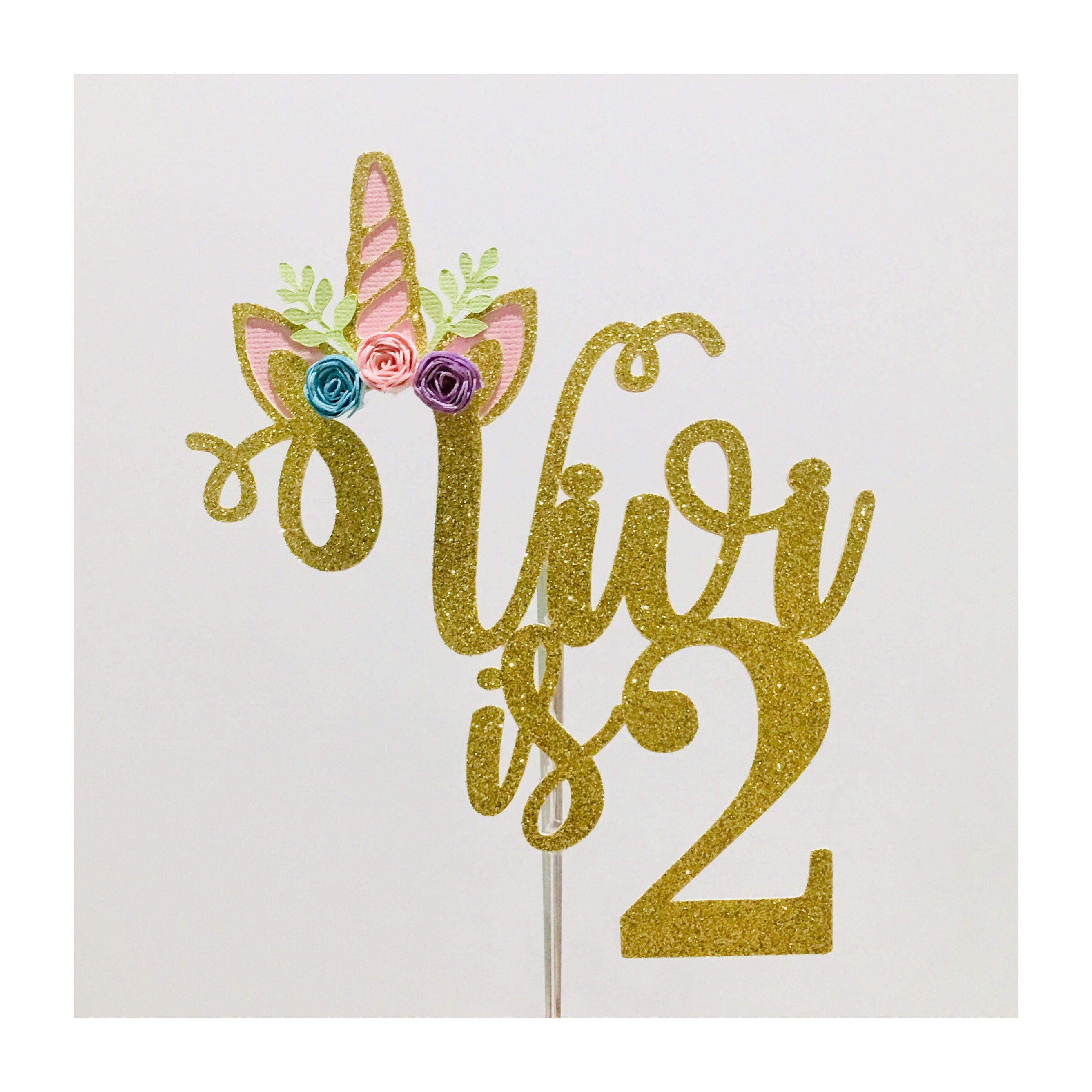 Personalised Glitter Unicorn Cake Topper Any Age Name Colour Double Sided Pretty