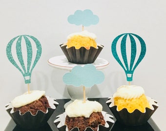 12ct hot air balloon cupcake topper, cloud cupcake topper, up up and away topper, Baby shower cupcake toppers