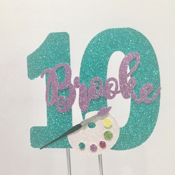 Personalize number and name glitter paint brush cake topper, painter cake topper , artist birthday party topper, painters party center piece