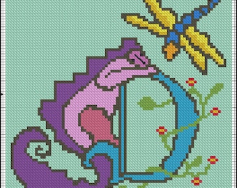 Digital Pattern Initial D with Dragon and Dragon Fly Needlepoint or Cross Stitch Pattern