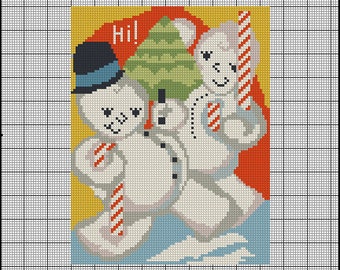 Snowman Couple Retro  Digital Needlepoint or Cross Stitch