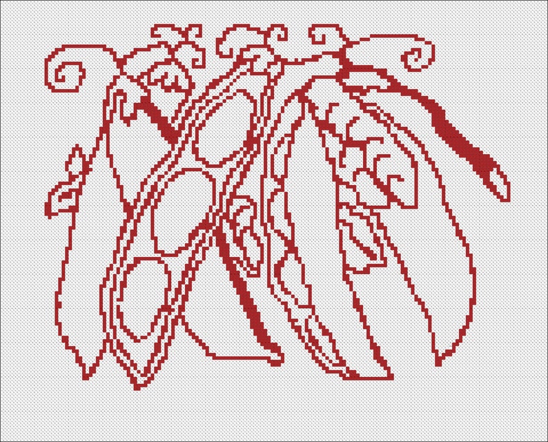 May include: Cross-stitch pattern featuring a stylized design in red thread on a white background. The pattern depicts an abstract arrangement of organic shapes, including leaves and curved lines, creating a decorative motif. The design is suitable for embroidery projects.