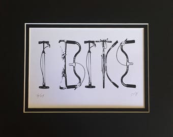 Bicycle Art Print, "I bike" Signed Limited Edition Bike Print By Artist Jon Edmondo. 8X10 Double Matted Print