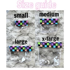 May include: A size guide graphic shows four clear pouches labelled small, medium, large, and x-large. Each pouch has a colourful patterned top with the text "M & M" and "KCK". The text "Size guide" is at the top.