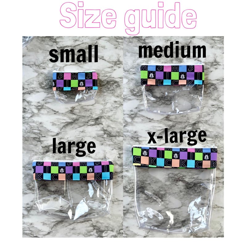 May include: A size guide graphic shows four clear pouches labelled small, medium, large, and x-large. Each pouch has a colourful patterned top with the text "M & M" and "KCK". The text "Size guide" is at the top.