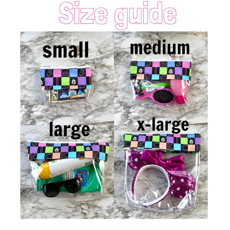 May include: A size guide for clear, zippered pouches with a patterned top in various sizes: small, medium, large, and x-large. Each pouch contains different items. The text "Size guide" is at the top of the image.