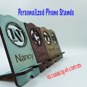 Personalized monogram wood cell phone stand- Custom with name and company logo