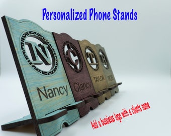 Personalized monogram wood cell phone stand- Custom with name and company logo