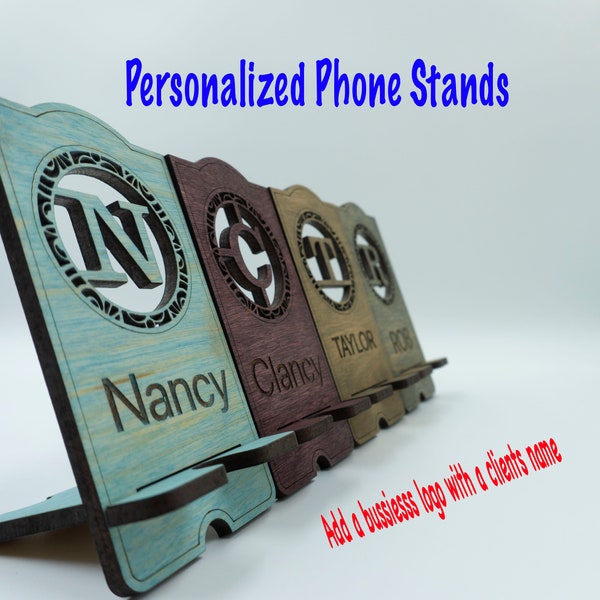 Personalized monogram wood cell phone stand- Custom with name and company logo