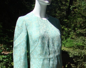1960s Blue & Green Brocade Cocktail Dress -  Size 12